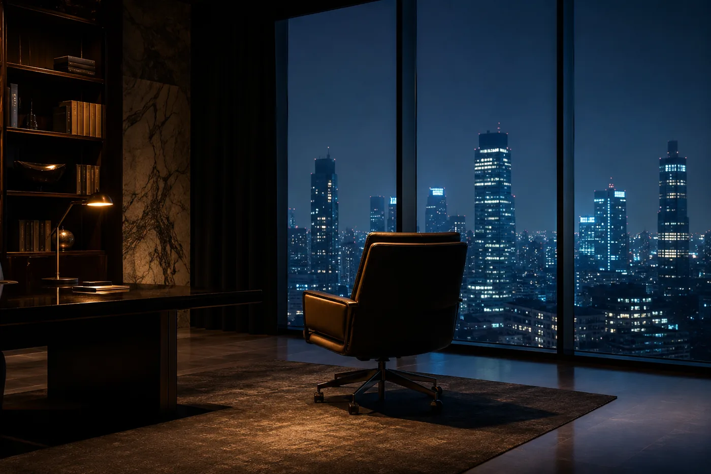 Escritório executivo vazio à noite com vista para a cidade, imagem de sucesso sem propósito